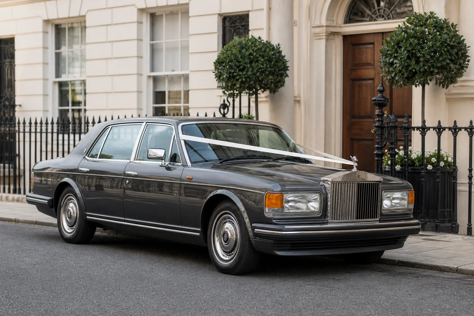 AI-assisted concept of the family’s restored dark graphite Silver Spur prepared with ivory wedding ribbon outside a London townhouse