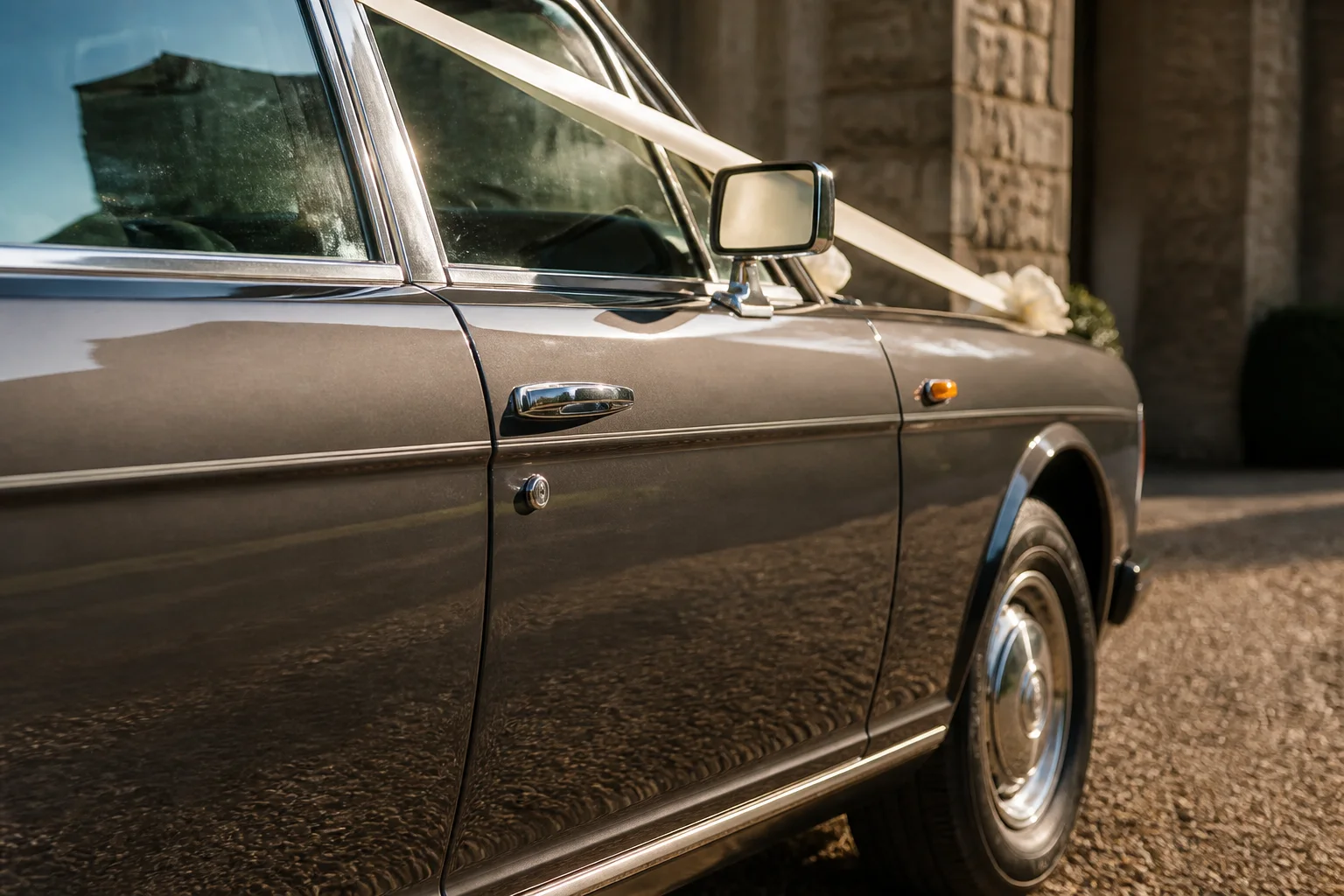 AI-assisted detail concept showing dark graphite paint, chrome trim and ivory ribbon on the restored Silver Spur